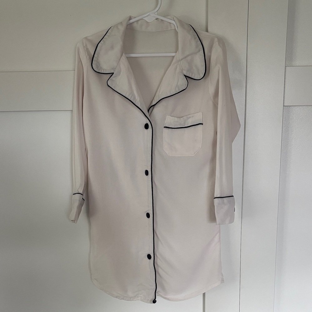White Button-Up Pajama Top with Black Trim